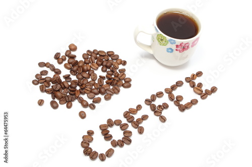 Inscription coffee and cup of beverage on white background