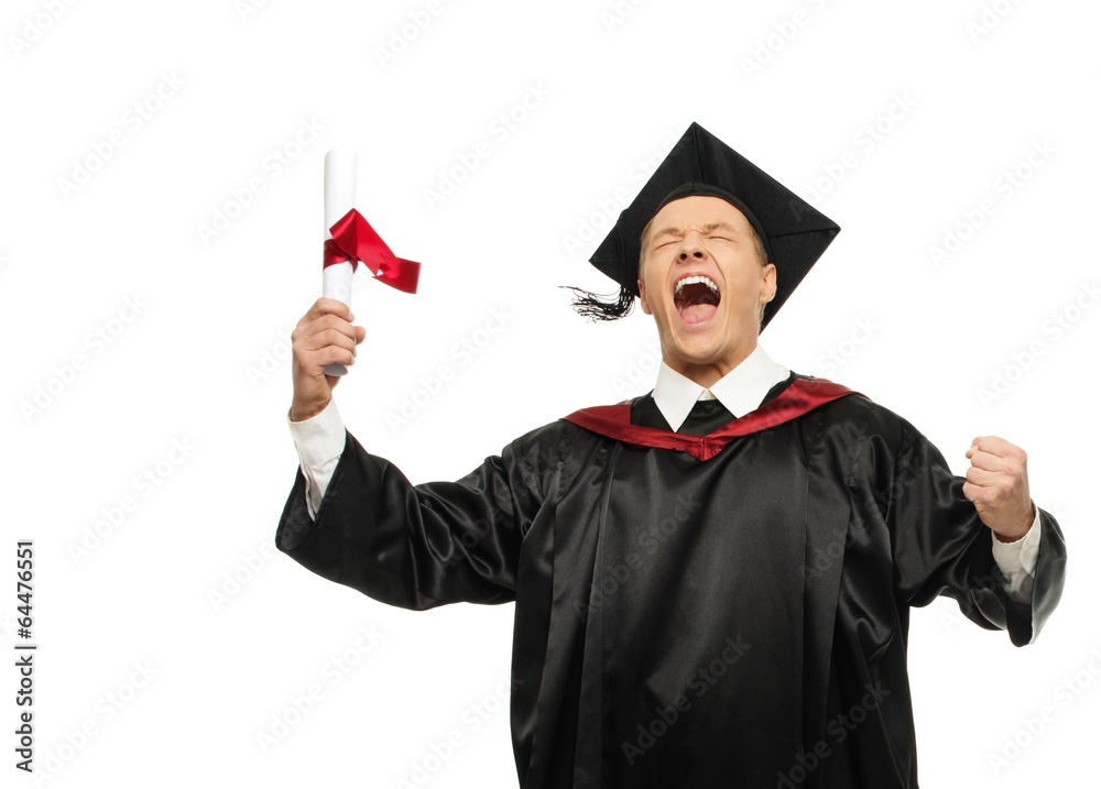 Funny happy young graduated student man isolated on white Funny happy young graduated student man isolated on white
