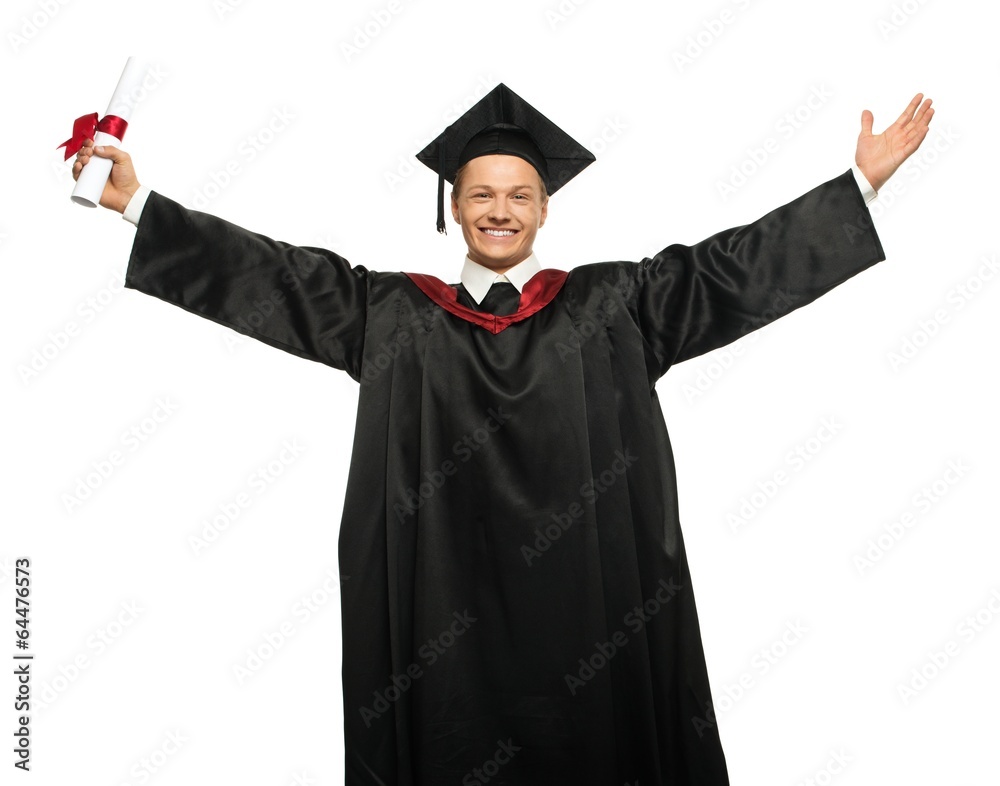 Cheerful young graduated student man isolated on white Cheerful young graduated student man isolated on white