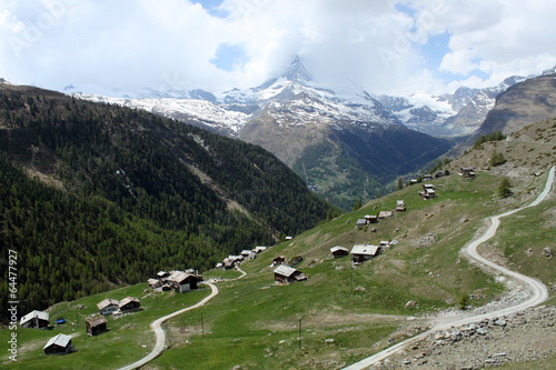 Walking trail of Swiss Alps in spring.