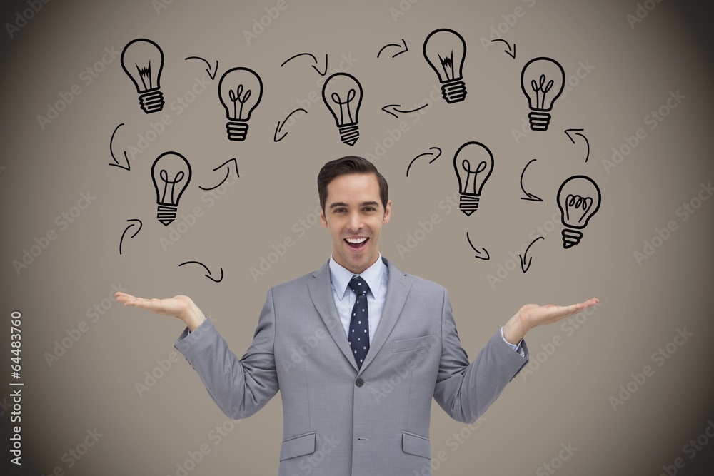 Composite image of smiling businessman presenting graphics with Composite image of smiling businessman presenting graphics with