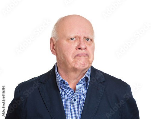 Headshot annoyed grumpy suspicious old man white background 
