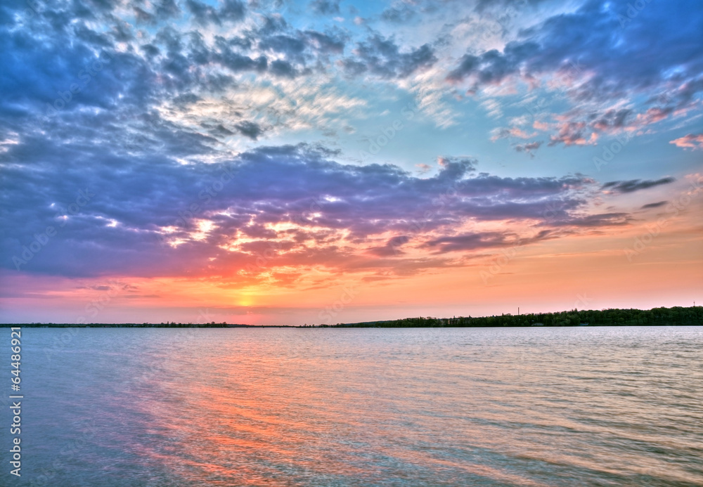Beautiful sunset over the lake.HDR-high dynamic range