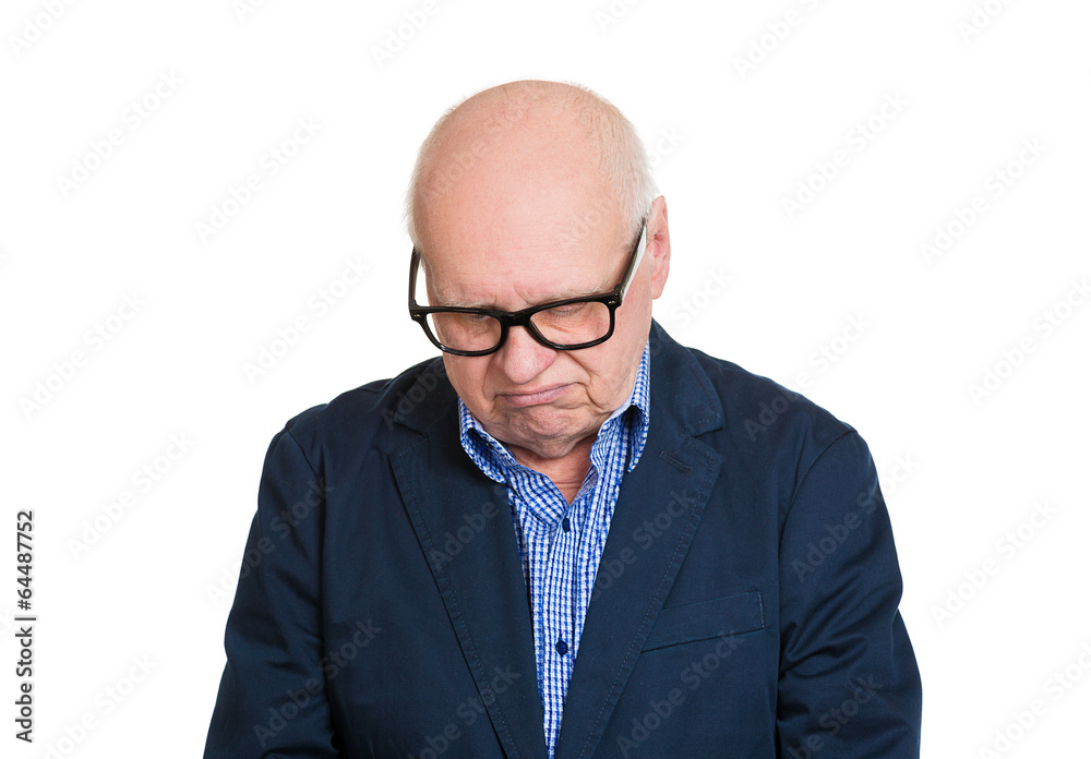 Portrait upset depressed old man isolated on white background Portrait upset depressed old man isolated on white background