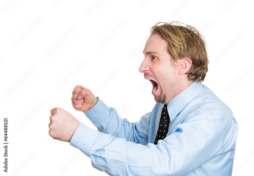 Side view Portrait, headshot Angry man screaming at someone Side view Portrait, headshot Angry man screaming at someone