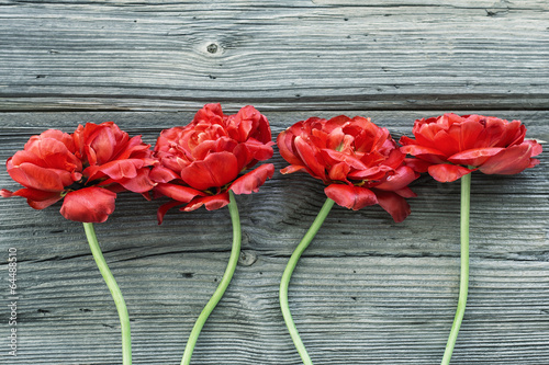 Fototapeta Naklejka Na Ścianę i Meble -  Oldwooden  boards with beautiful red flowers