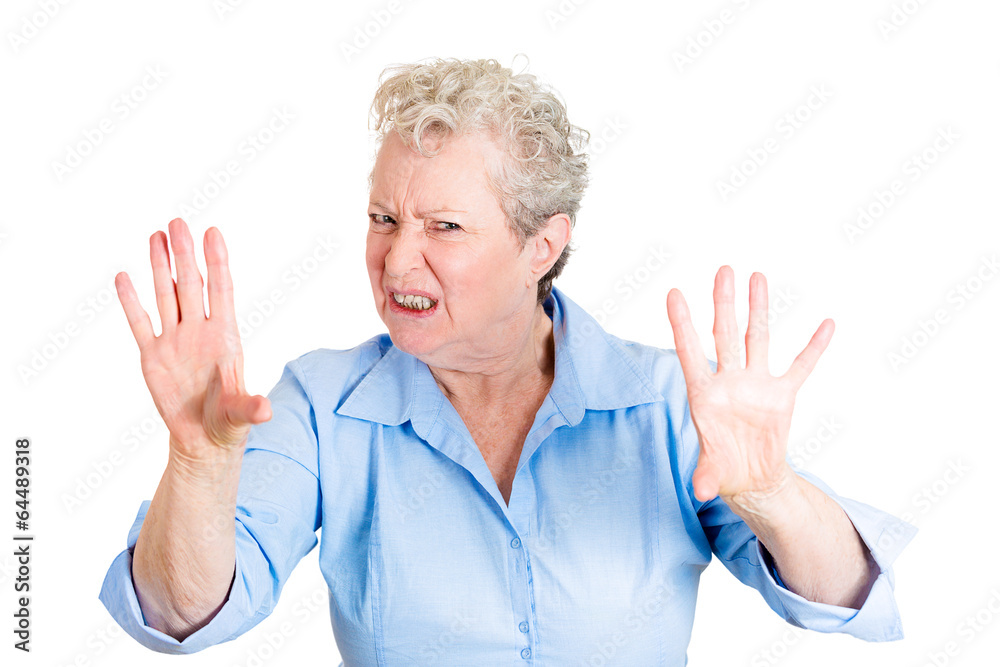 Portrait senior unhappy angry upset woman asking to stop Portrait senior unhappy angry upset woman asking to stop