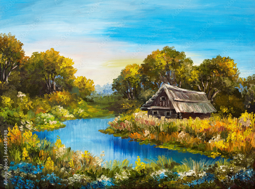 Obraz premium Oil Painting - Farmhouse near the river