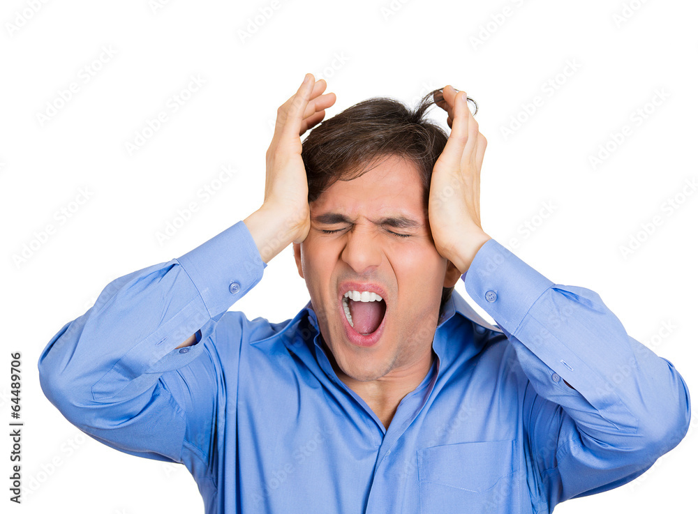 Naklejka premium Headshot frustrated man squeezing head very upset 