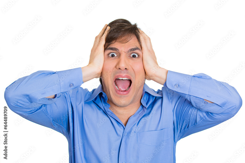 Headshot upset angry frustrated man screaming hard Headshot upset angry frustrated man screaming hard