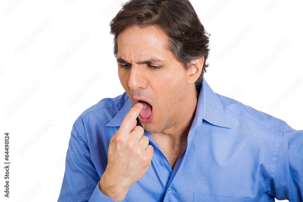 Headshot man trying to throw up feels sick white background Headshot man trying to throw up feels sick white background