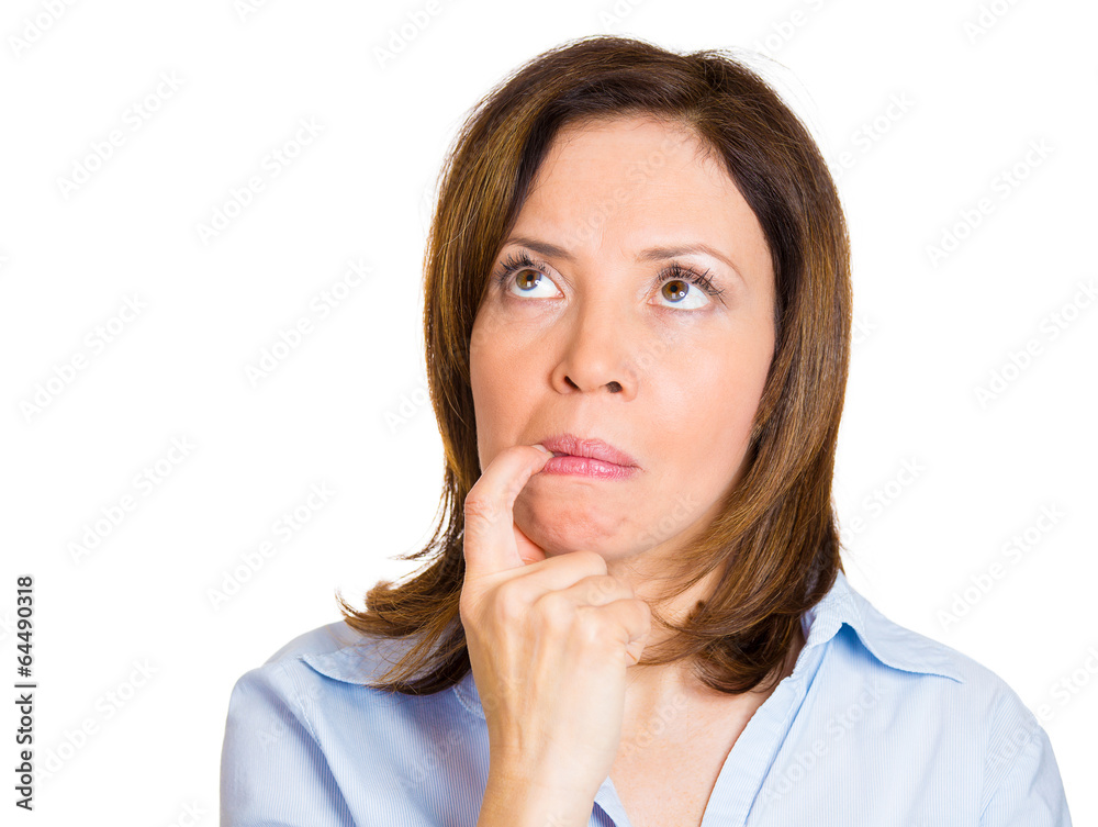 Portrait confused woman lost in thoughts, puzzled Portrait confused woman lost in thoughts, puzzled