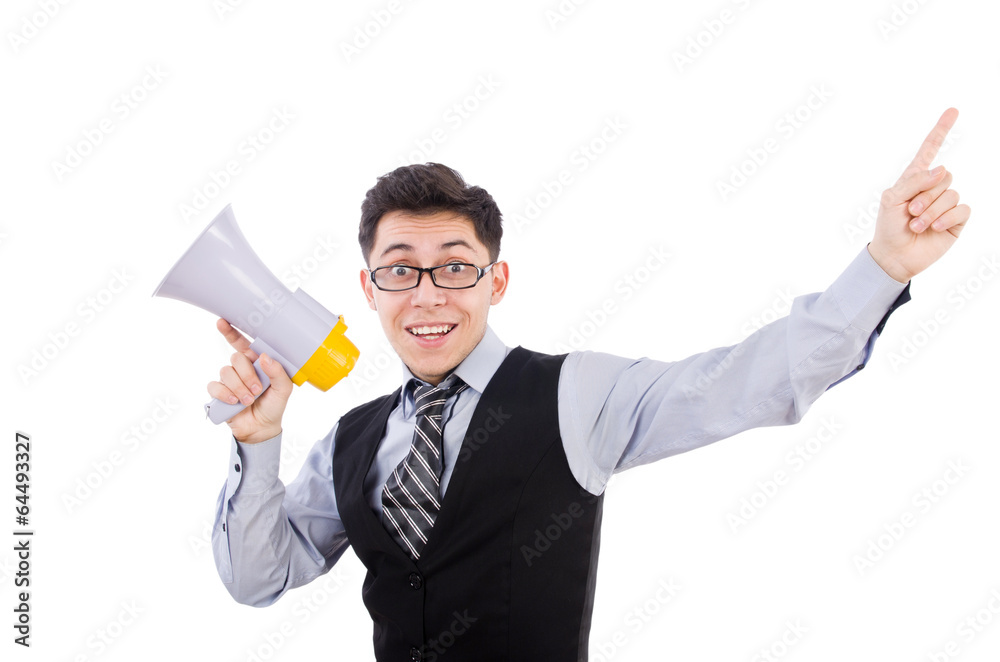 Funny man with loudspeaker on white Funny man with loudspeaker on white