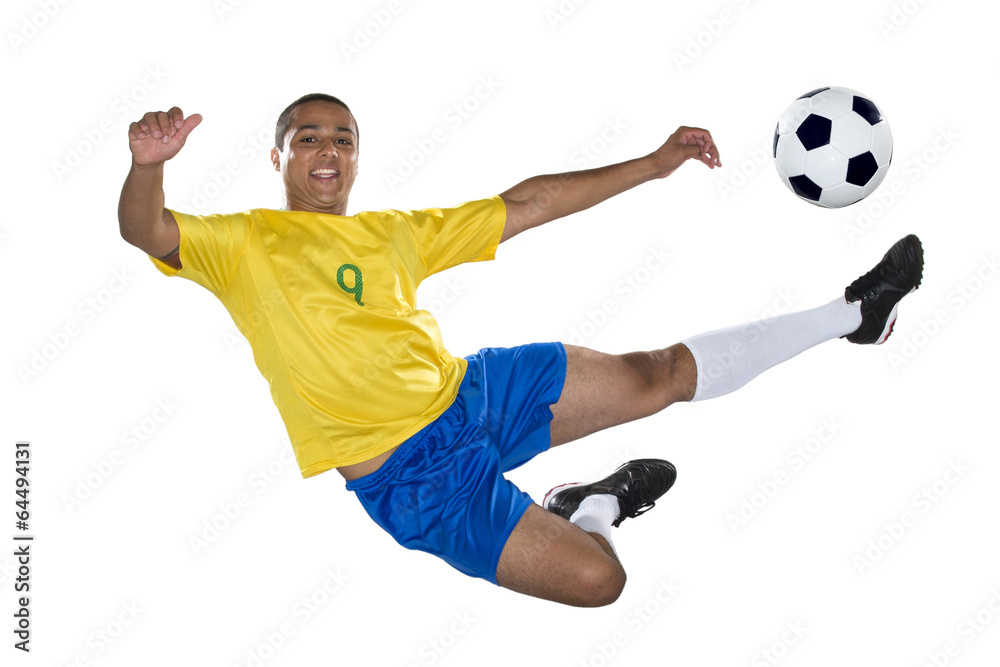 Brazilian Soccer player, jumping, yellow and blue