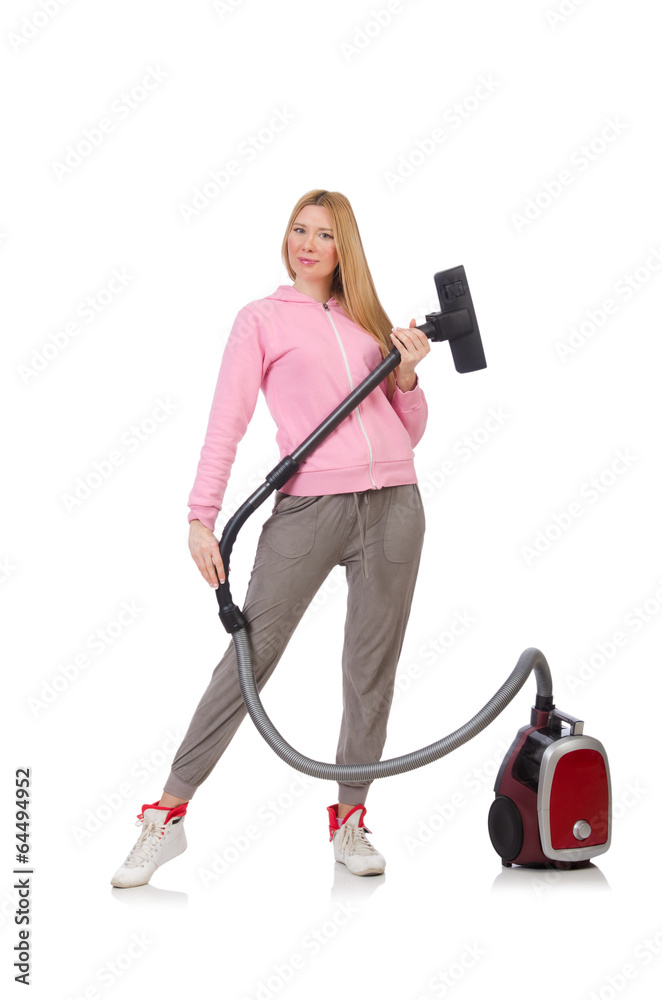 Young woman with vacuum cleaner on white Young woman with vacuum cleaner on white