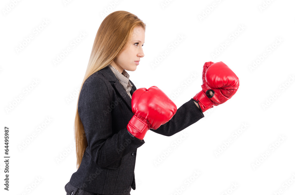 Woman businesswoman with boxing gloves on white Woman businesswoman with boxing gloves on white