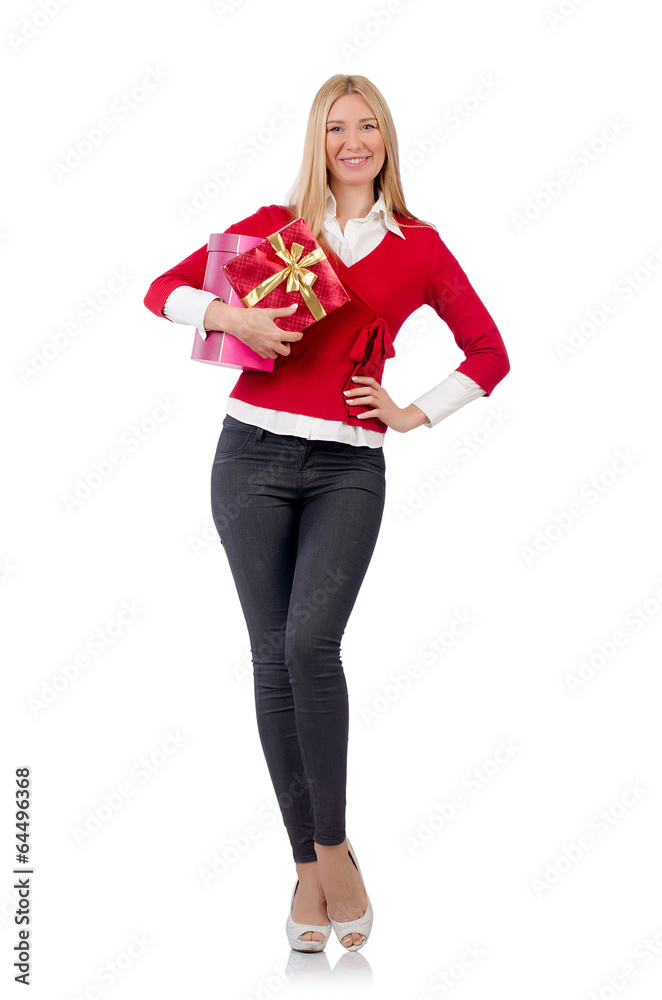 Young woman with christmas shopping on white