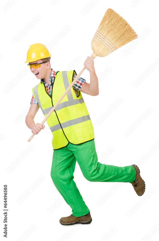 Funny janitor with broom isolated on white Funny janitor with broom isolated on white