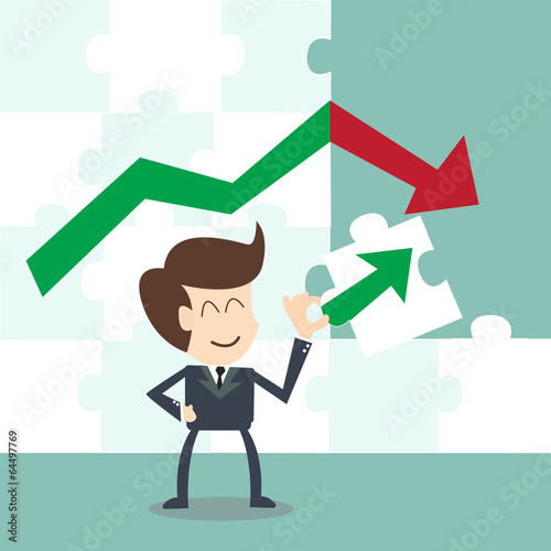 Businessman holding puzzles  change situation from growing graph