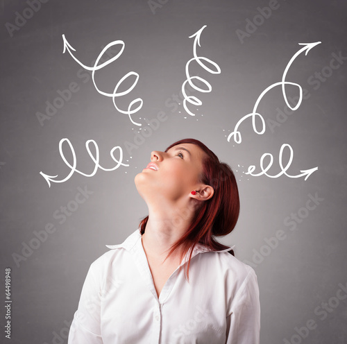 Young woman thinking with arrows overhead