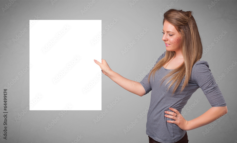 Young woman presenting white paper copy space Young woman presenting white paper copy space