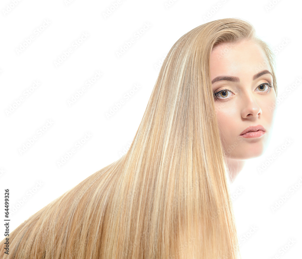 Naklejka premium Hair. Beautiful bond girl with healthy long hair. Haicare and ha