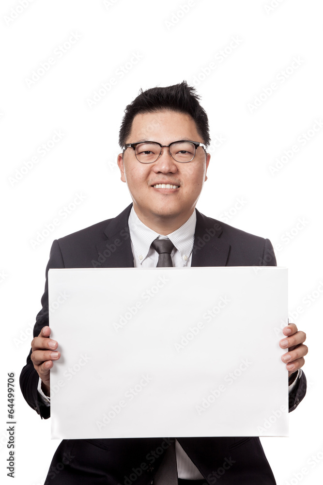 Asian businessman show blank sign with 2 hands Asian businessman show blank sign with 2 hands