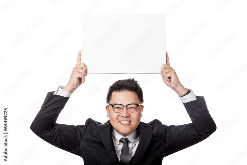 Asian businessman show blank sign over his head Asian businessman show blank sign over his head