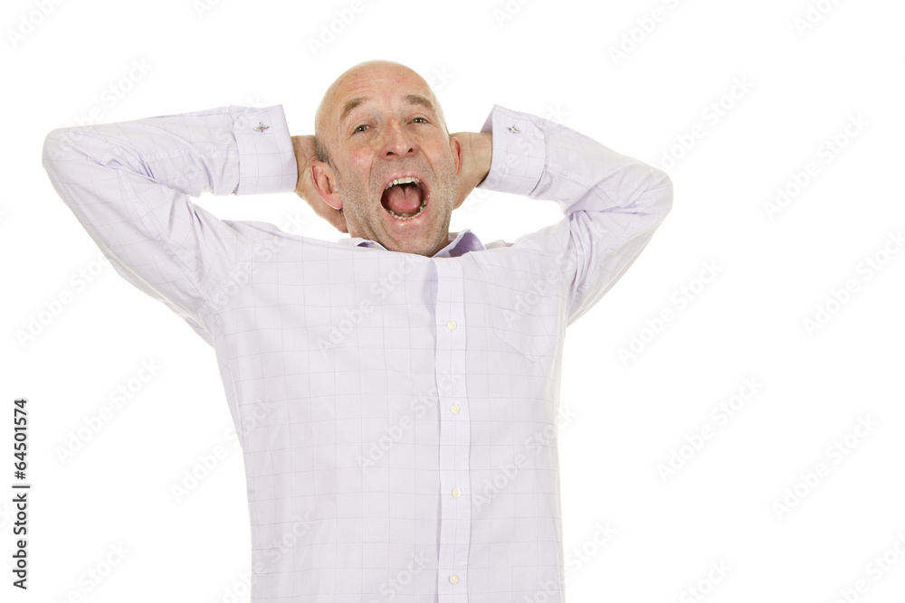 Man in shirt yawning and stretching Man in shirt yawning and stretching