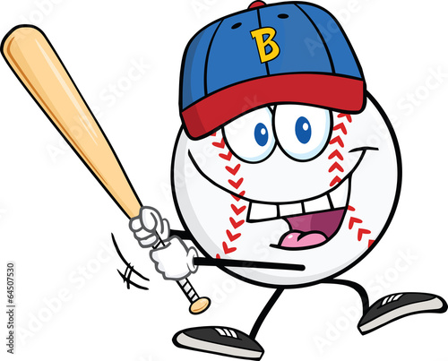 Happy Baseball Ball With Cap Swinging A Baseball Bat