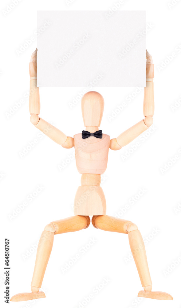wooden Dummy businessman with empty banner wooden Dummy businessman with empty banner