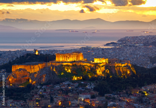 Athens, Greece. After sunset. Parthenon and Herodium constructio
