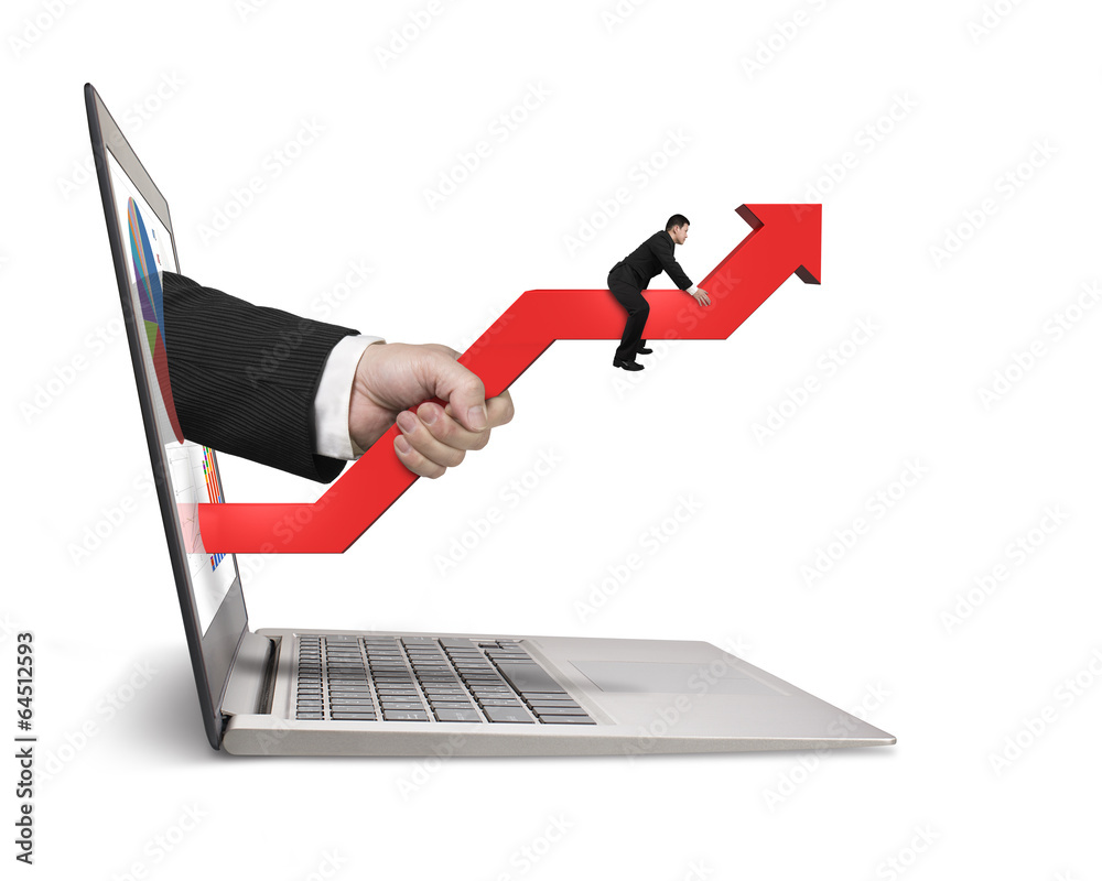 Hand holding red arrow out front screen with man sitting Hand holding red arrow out front screen with man sitting