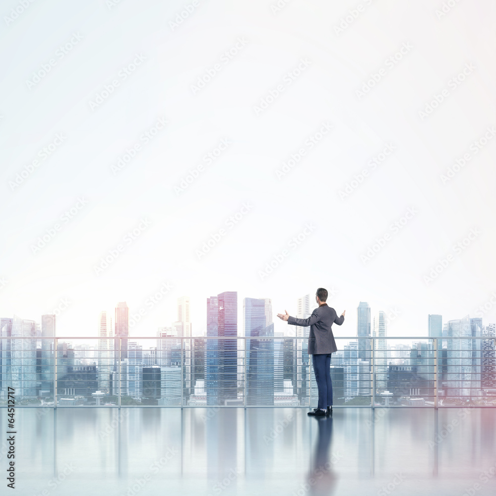 Business man standing on a roof and looking at city Business man standing on a roof and looking at city