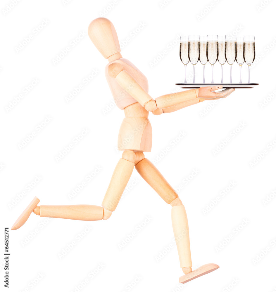 wooden Dummy waiter with champagne on tray wooden Dummy waiter with champagne on tray