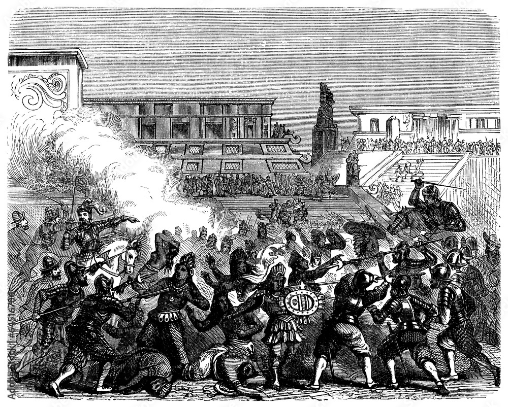 Obraz premium Conquistador Cortes : Killing the Aztecs - 16th century