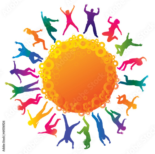 Happy young people. Detailed silhouettes of dancing teenagers.