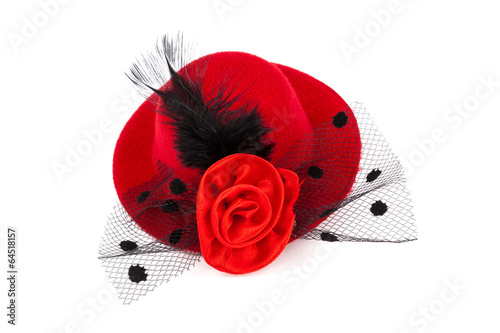 Photography Red hat with black plume and rose