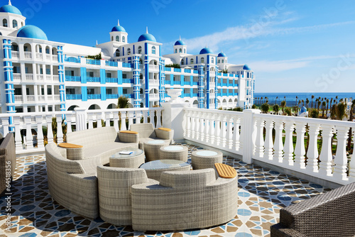 Fototapeta Naklejka Na Ścianę i Meble -  The terrace and building of luxury hotel, Antalya, Turkey