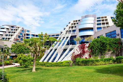 The lawn and building of luxury hotel, Antalya, Turkey photo
