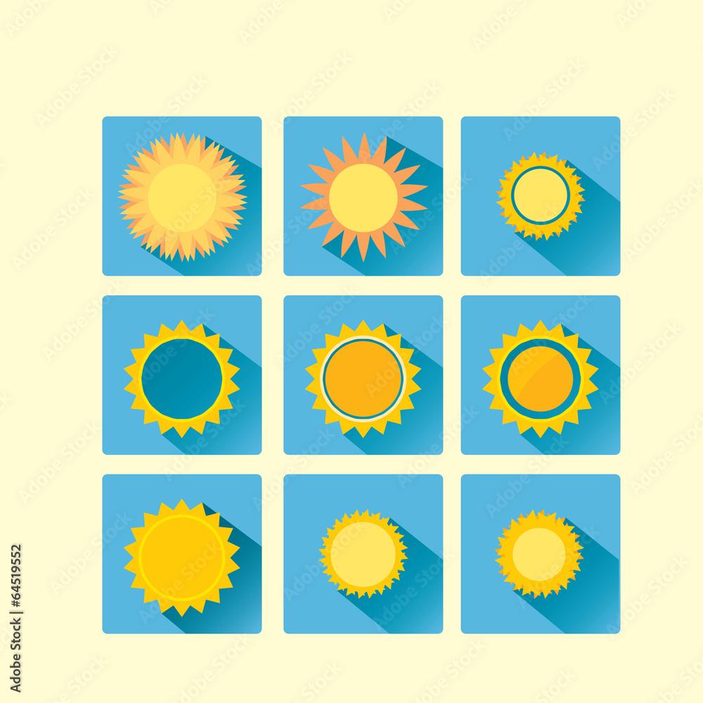 Fototapeta premium Set of glossy flat style vector sun icons images