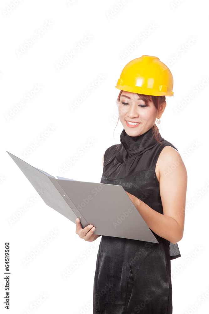 Asian architect girl hold a folder and smile Asian architect girl hold a folder and smile