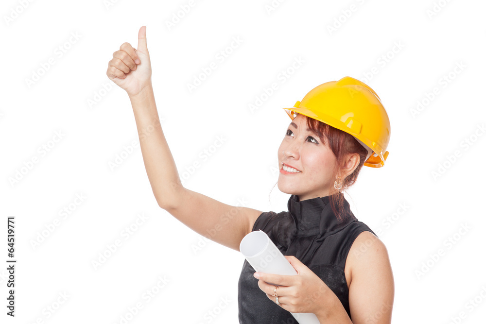 Asian architect girl looking up and show thumbs up Asian architect girl looking up and show thumbs up