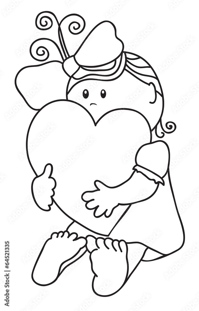 Girl hugs heart. Contour Girl hugs heart. Contour