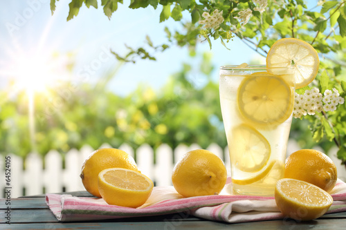 Photo Citrus lemonade in garden setting.
