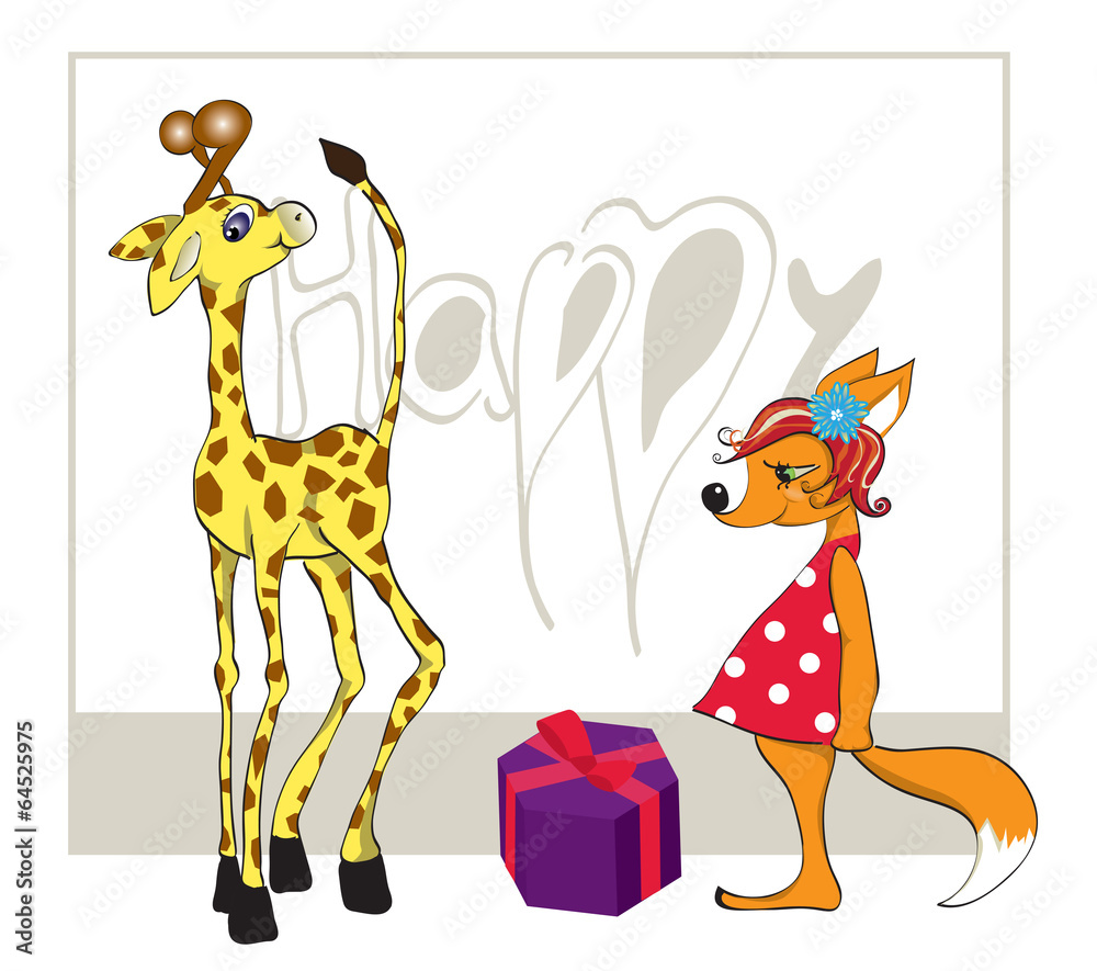 Naklejka premium Giraffe with a gift and a fox
