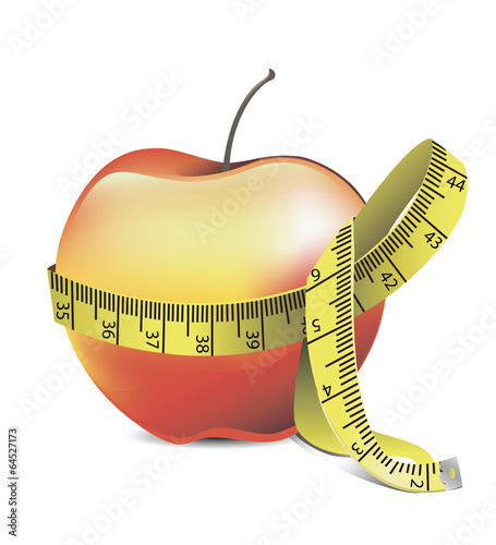 delicious red apple, tied with yellow measuring tape