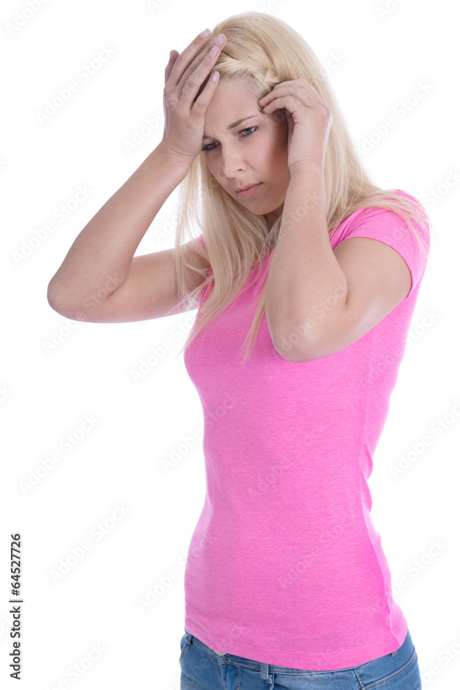 Junges Mädchen isoliert in pink mit Migräne Junges Mädchen isoliert in pink mit Migräne