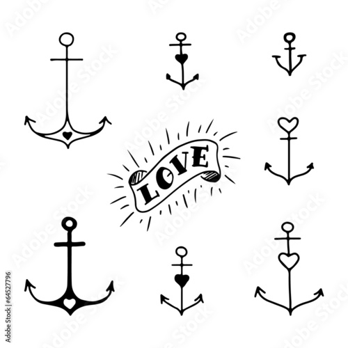 Set of seven hand drawn anchors