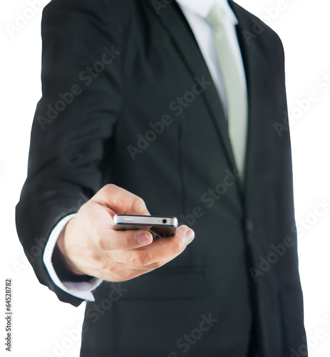 Businessman standing posture hand hold phone isolated